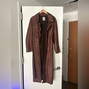 Free People Long Brown Leather Coat